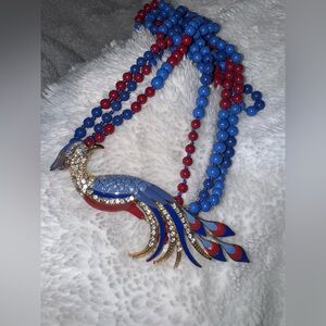 J. Crew Signed Blue & Red Beaded, Enamel & Rhinestone Peacock Necklace